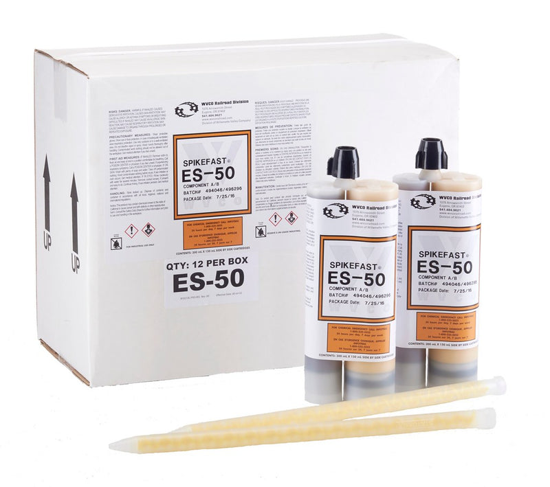 SpikeFast ES50 tie plugging compound cartridges for renewing railroad ties, ensuring secure spiking.