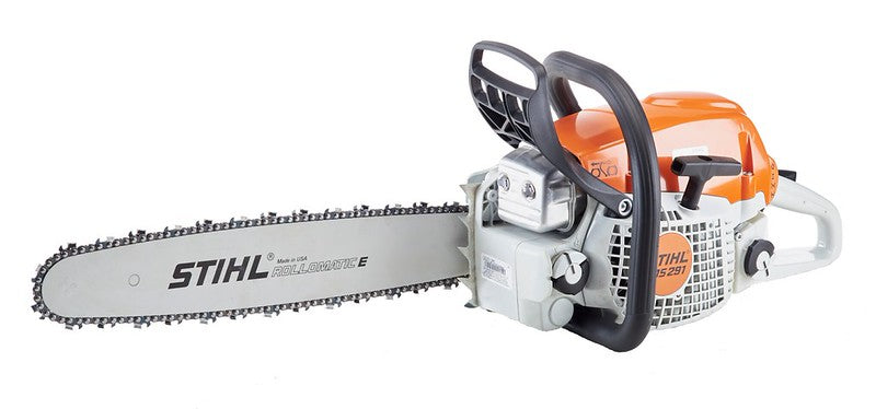 STIHL MS291 gas-powered chainsaw with 18-inch bar for railway tie and crossing plank maintenance jobs. 