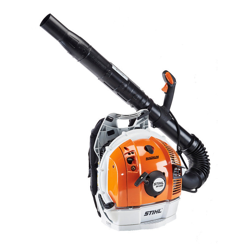 STIHL BR600 MAGNUM professional backpack blower with fuel-efficient low-noise 4-MIX engine for railway right-of-way snow clearing.