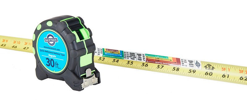 30' magnetic railway tape with CP and CN reference chart for track gauge measurement