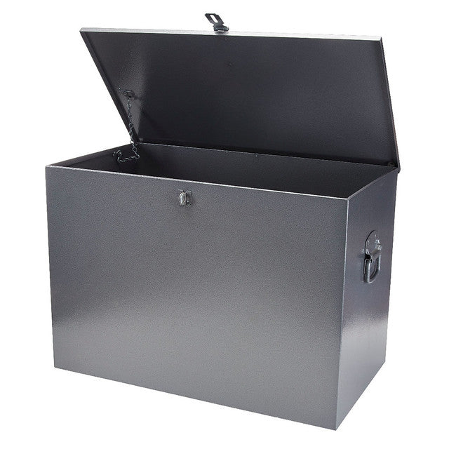 Backtrack lockable metal storage box for securing tools on railway jobsites