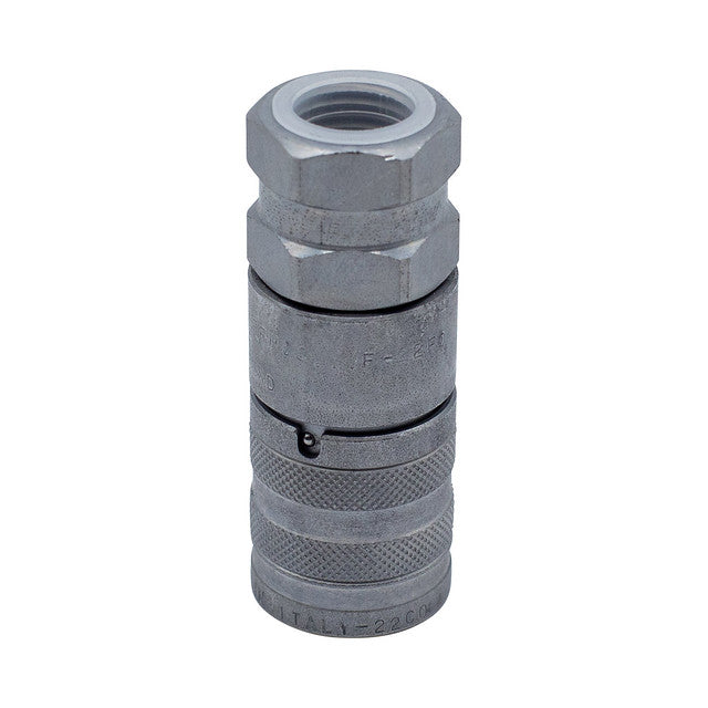 Hydraulic quick-connect fittings for railway power pack and tool connections.