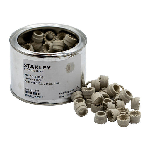 Lata de 100 anillos cerámicos de 8 mm para la soldadura con puntas Stanley en aplicaciones de señalización ferroviaria y conexiones de vías