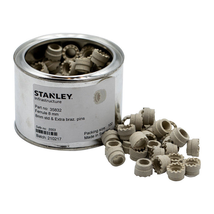 Lata de 100 anillos cerámicos de 8 mm para la soldadura con puntas Stanley en aplicaciones de señalización ferroviaria y conexiones de vías