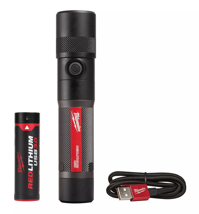 Linterna recargable Milwaukee Redlithium USB 1100L con enfoque giratorio para obras ferroviarias y de construcción