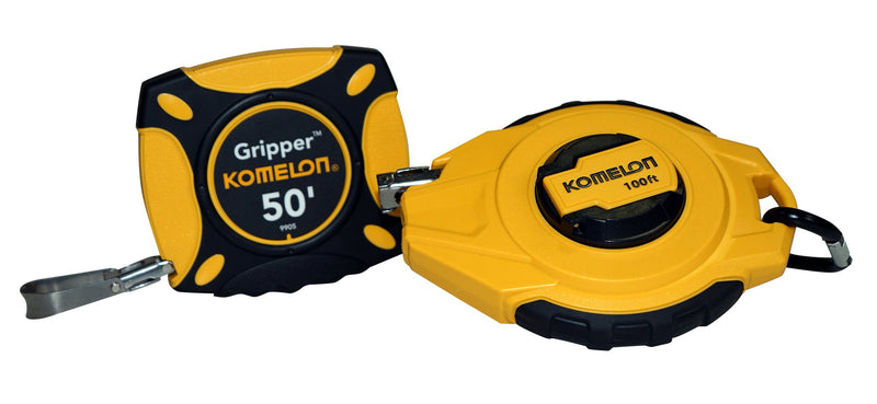 50 & 100 foot steel tape measures with nylon-coated blade, rubber jacketed case, and folding rewind crank. Built for durability on railway jobsites. Shop Backtrack.